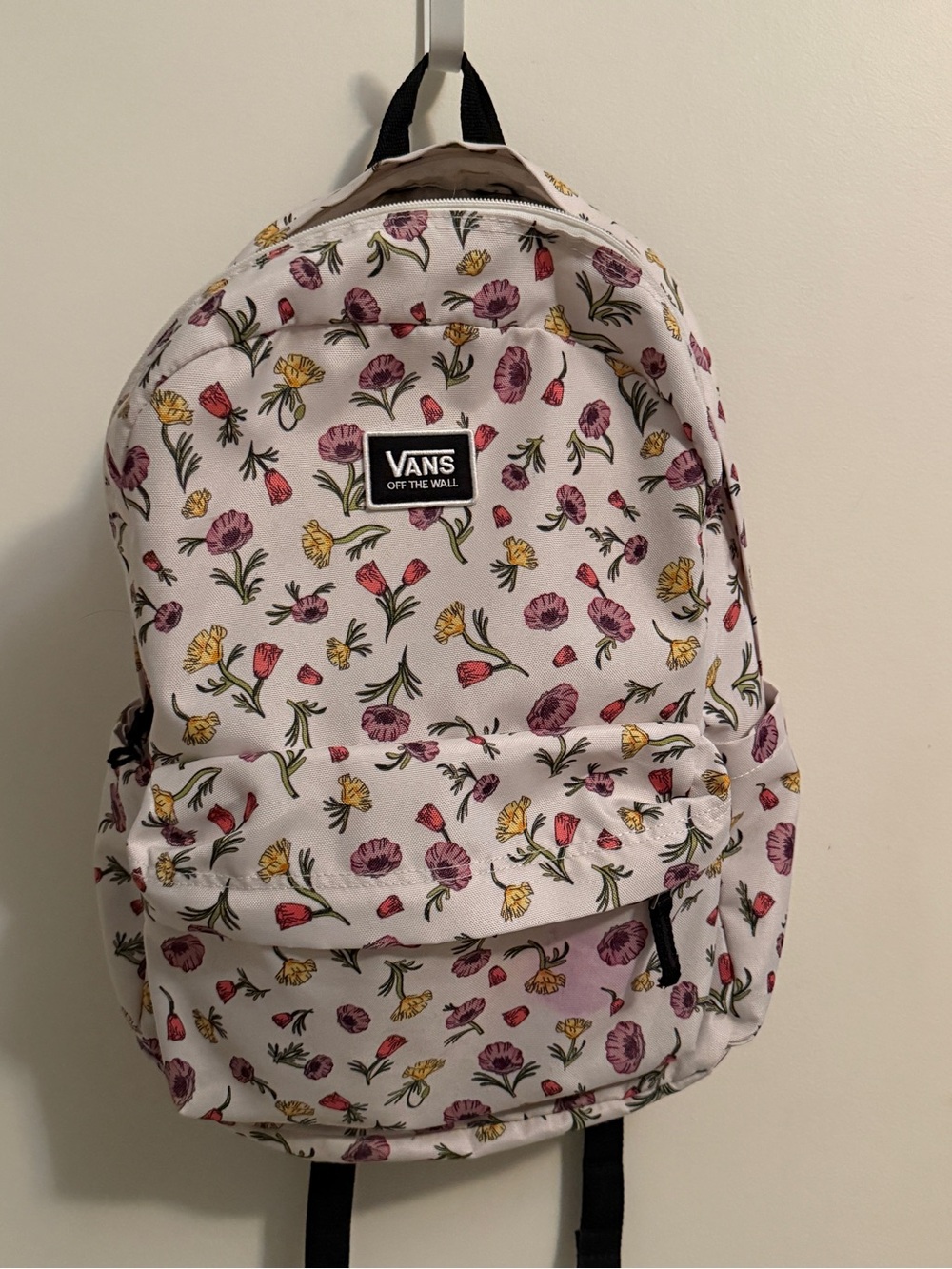 Vans Old Skool White Floral Canvas Backpack with Pink & Yellow Blossoms